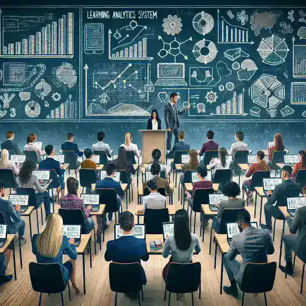"Visual representation of learning analytics system implementation for personalized higher education, featuring data analysis graphs and student interaction metrics."